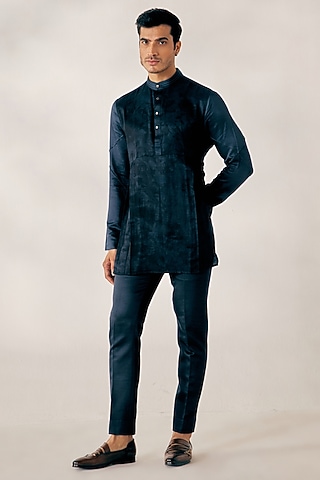 Teal Blue Printed Kurta Set by Jatin Malik