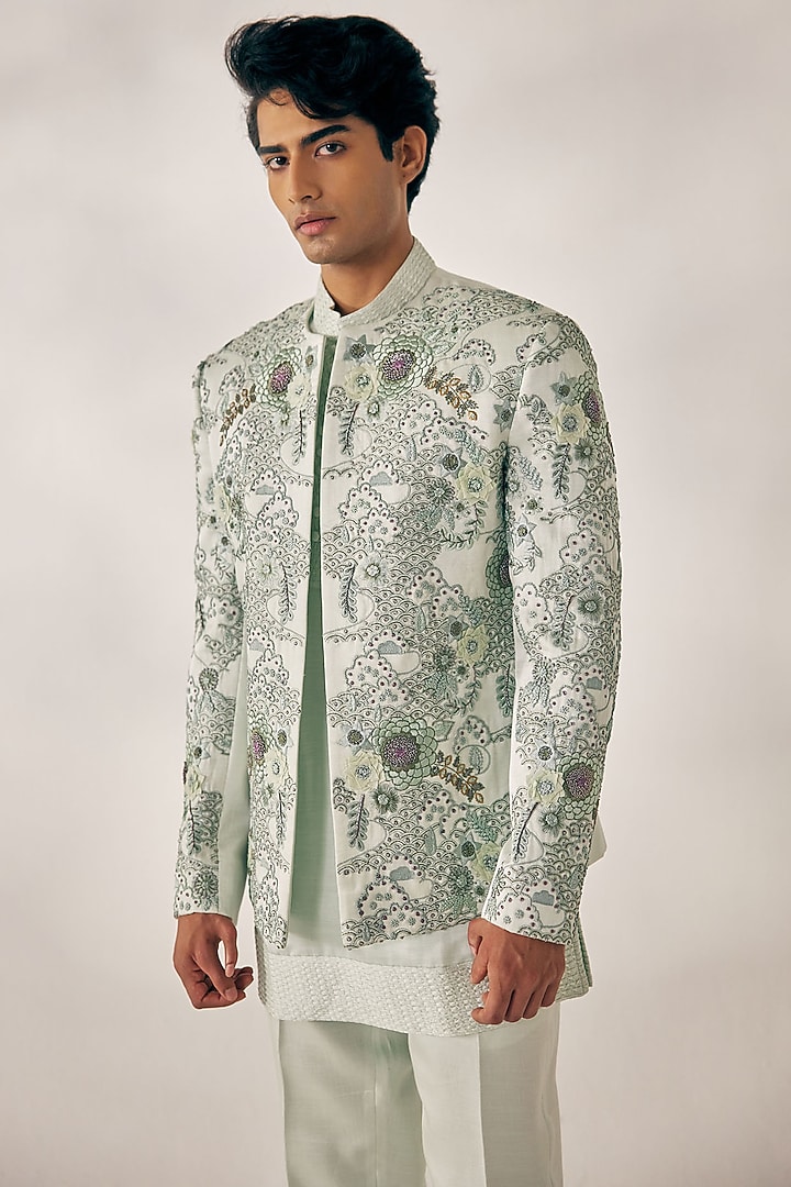 Hazy Blue Embroidered Groom Indowestern Jacket With Kurta Set by Jatin Malik at Pernia's Pop Up Shop