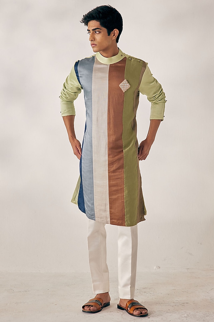 Multi-Colored Linen Kurta Set by Jatin Malik