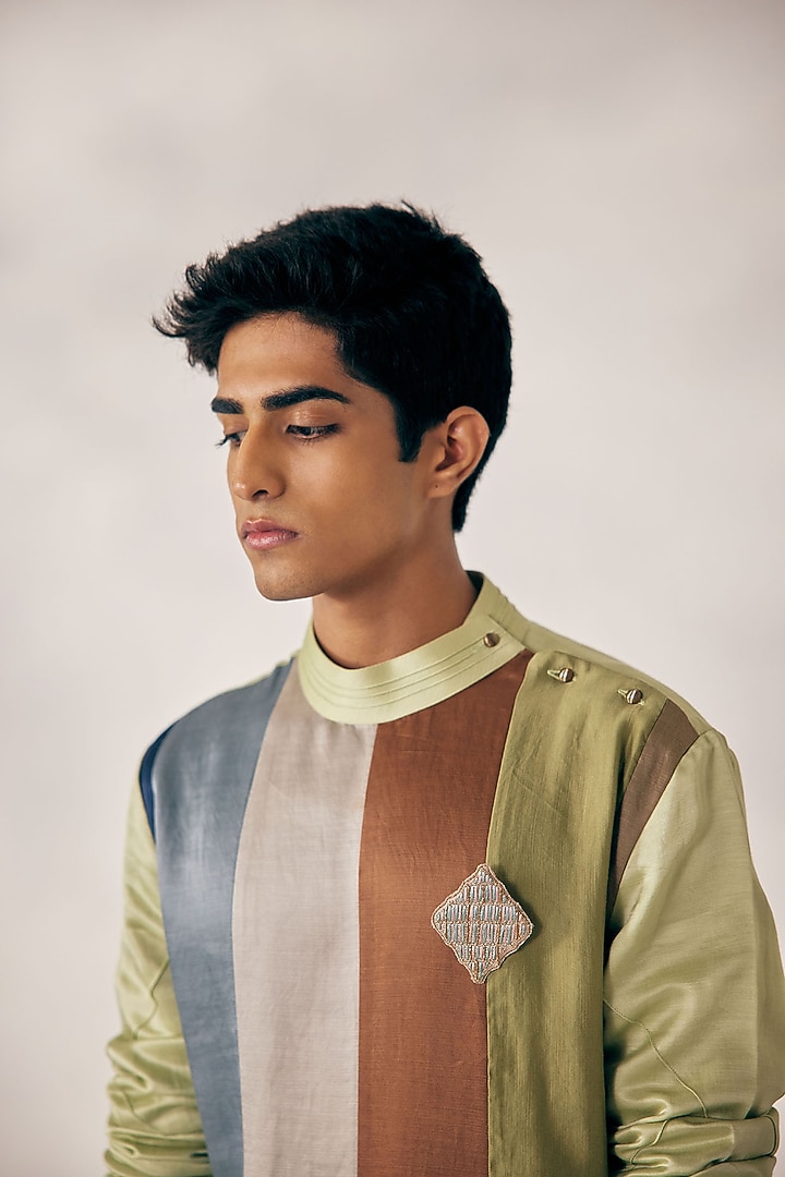 Multi-Colored Linen Silk Motif Work Kurta Set by Jatin Malik at Pernia's Pop Up Shop