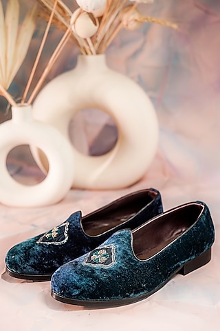 Teal Hand Embroidered Juttis by Jatin Malik