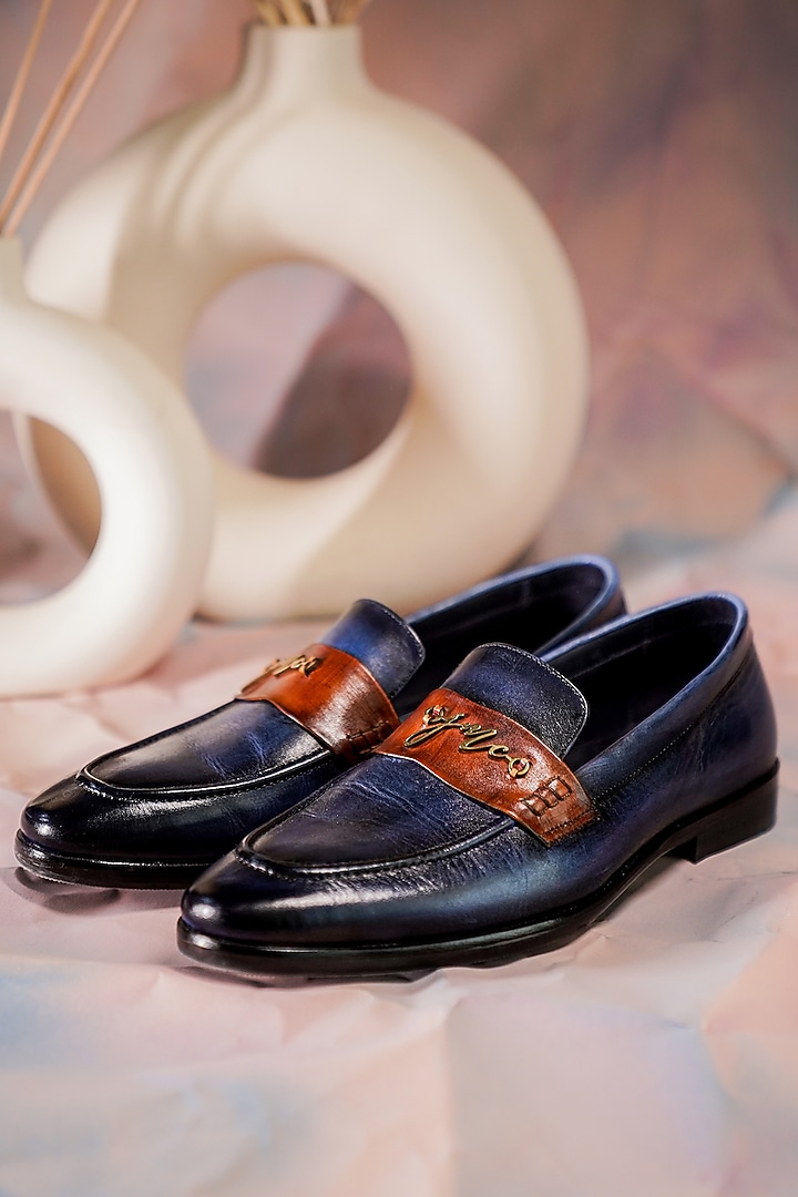 Midnight Blue Leather Loafers by Jatin Malik at Pernia's Pop Up Shop