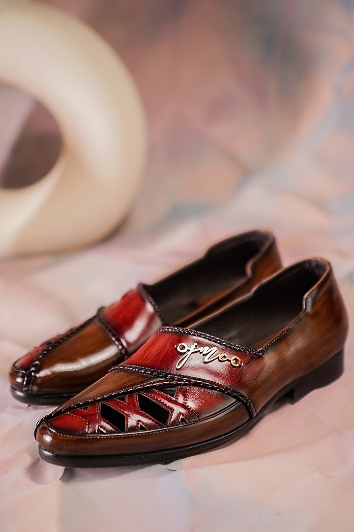 Wine & Tan Leather Handmade Loafers by Jatin Malik