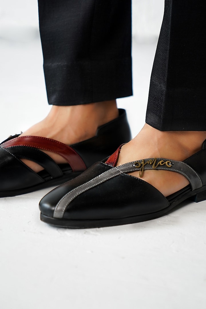Black Handmade V Strap Caligae by Jatin Malik at Pernia's Pop Up Shop