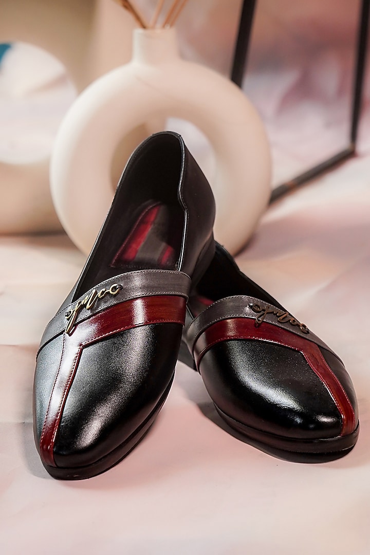 Black Handcrafted Leather Loafers by Jatin Malik