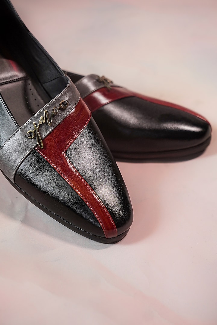 Black Handcrafted Leather Loafers by Jatin Malik at Pernia's Pop Up Shop