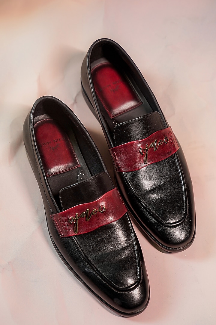 Black & Wine Leather Loafers by Jatin Malik