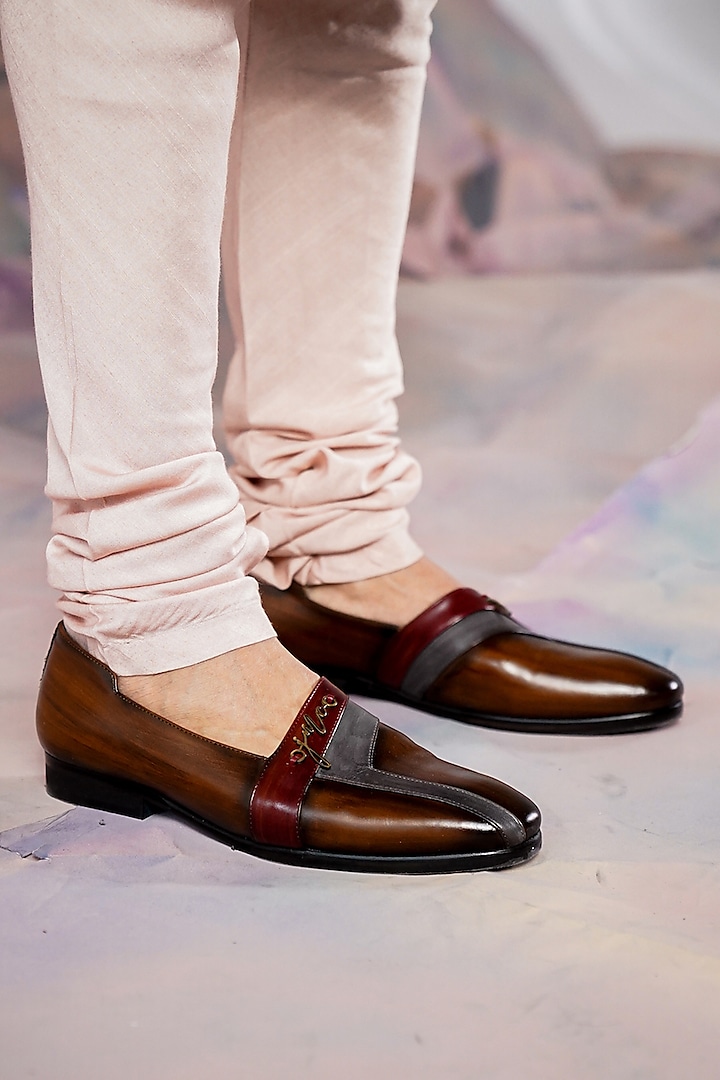 Tan-Brown Leather Handcrafted Loafers by Jatin Malik