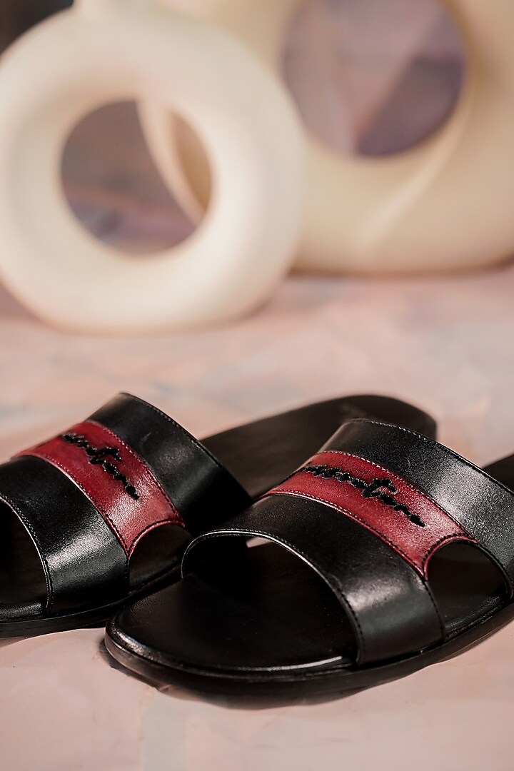 Black Leather Slides by Jatin Malik at Pernia's Pop Up Shop
