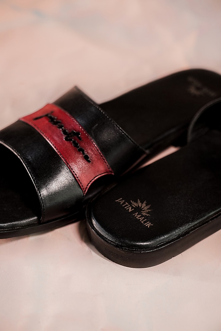 Black Leather Slides by Jatin Malik at Pernia's Pop Up Shop