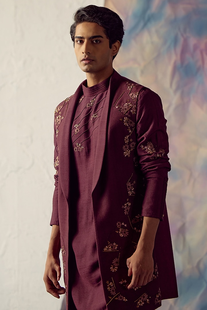 Wine Embroidered Indo Western Set by Jatin Malik at Pernia's Pop Up Shop