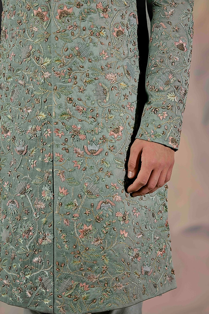 Grey Linen Silk Hand Embroidered Groom Sherwani Set by Jatin Malik at Pernia's Pop Up Shop