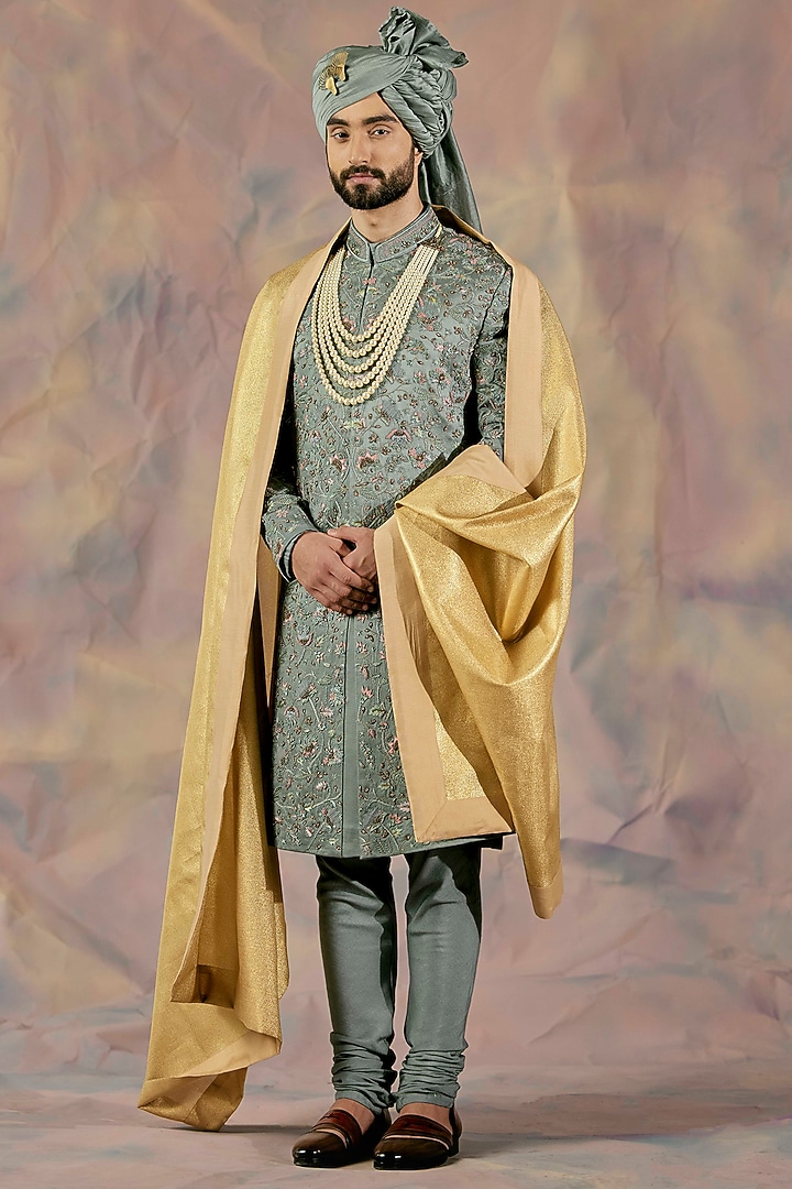 Grey Linen Silk Hand Embroidered Groom Sherwani Set by Jatin Malik at Pernia's Pop Up Shop