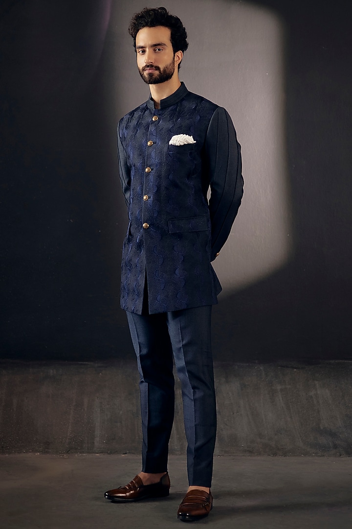Midnight Blue Slub Silk Wedding Bandhgala Set by Jatin Malik at Pernia's Pop Up Shop