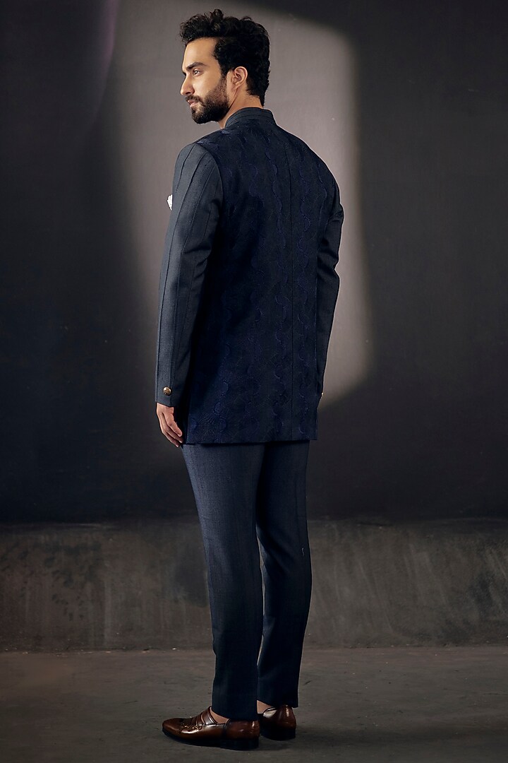 Midnight Blue Slub Silk Wedding Bandhgala Set by Jatin Malik at Pernia's Pop Up Shop