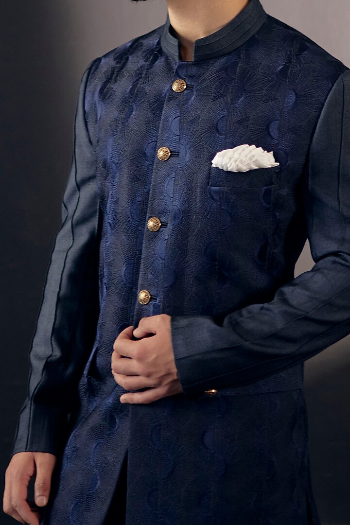 Midnight Blue Slub Silk Wedding Bandhgala Set by Jatin Malik at Pernia's Pop Up Shop