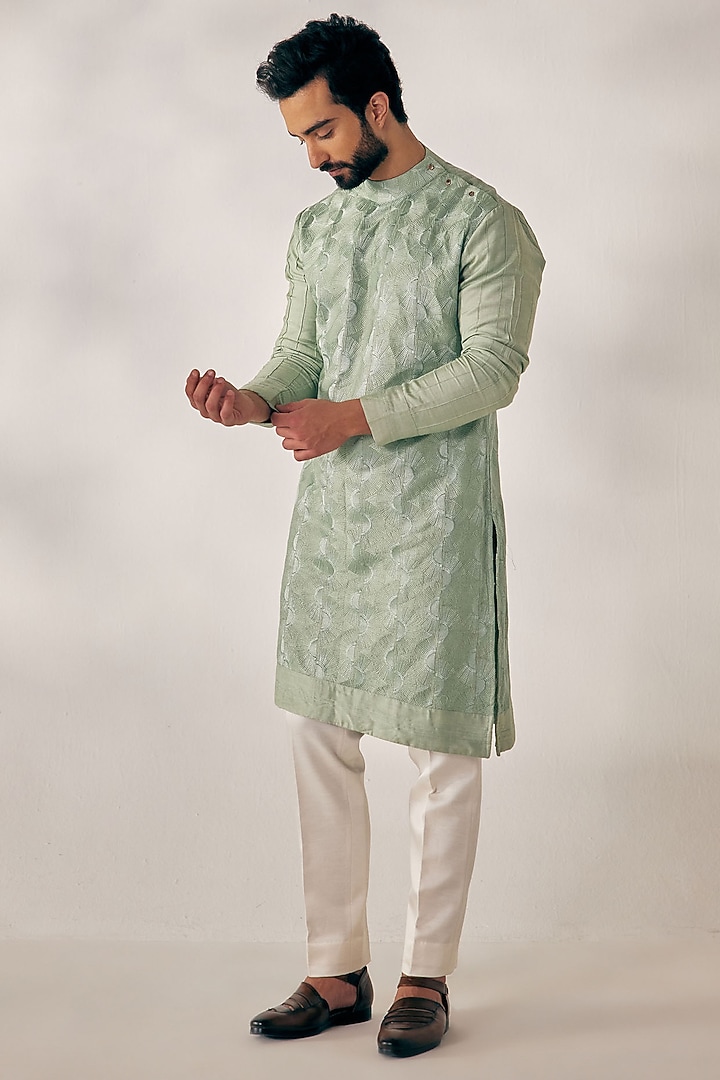 Duckegg Green Embroidered Kurta Set by Jatin Malik at Pernia's Pop Up Shop