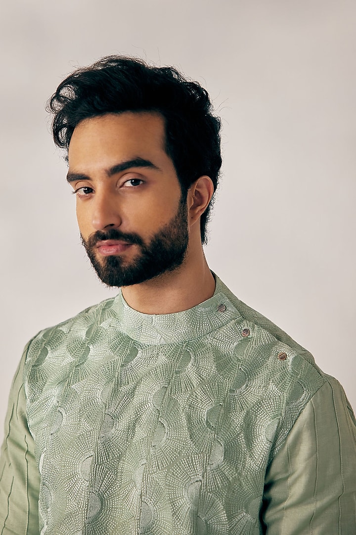 Duckegg Green Embroidered Kurta Set by Jatin Malik at Pernia's Pop Up Shop