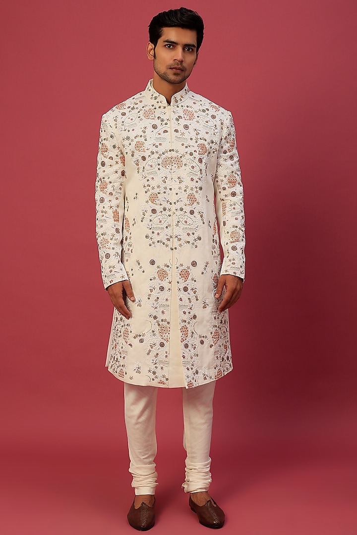 Ivory Embroidered Sherwani Set by Jatin Malik