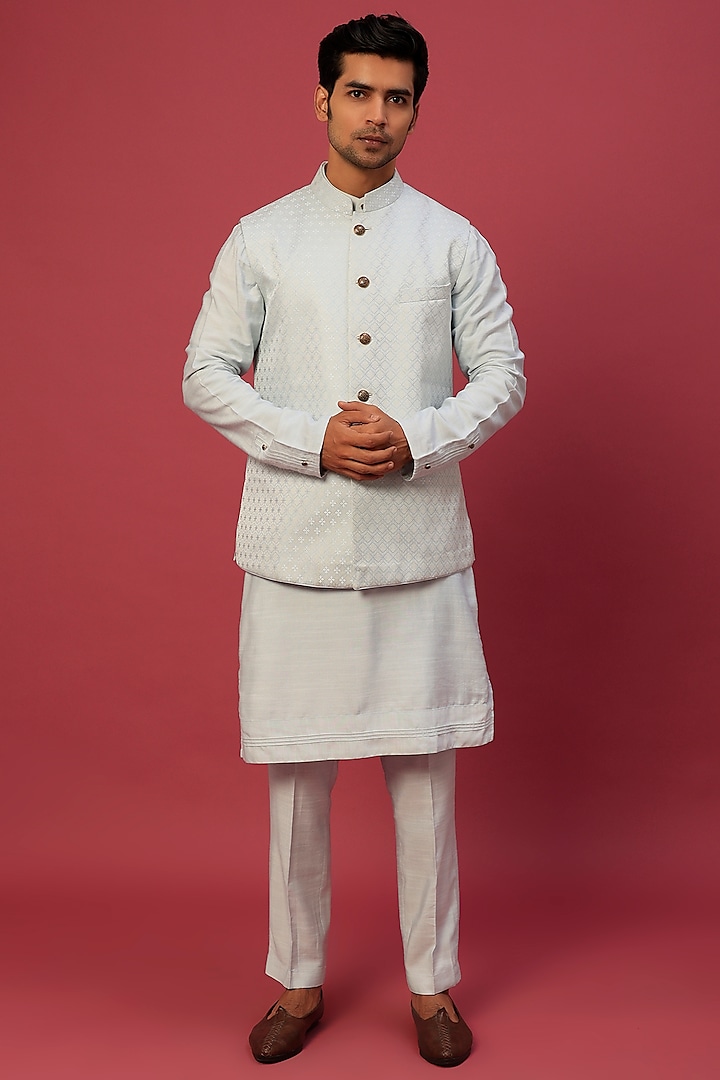 Silver Silk Blend Kurta Set With Bundi Jacket by Jatin Malik