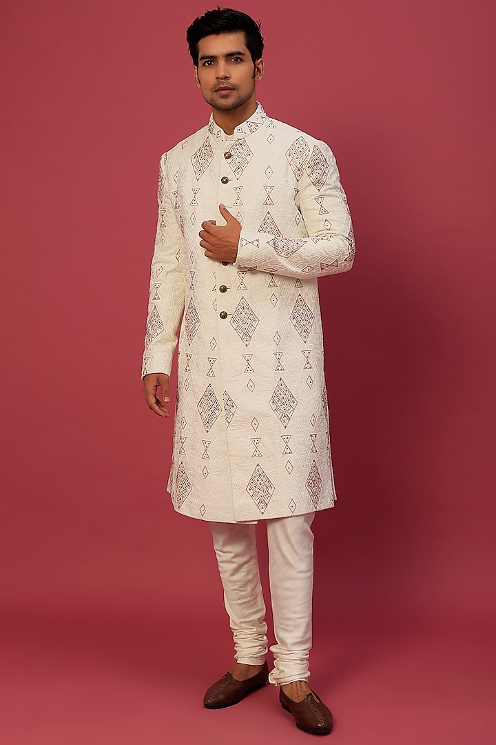 Ivory Silk Textured Sherwani Set by Jatin Malik