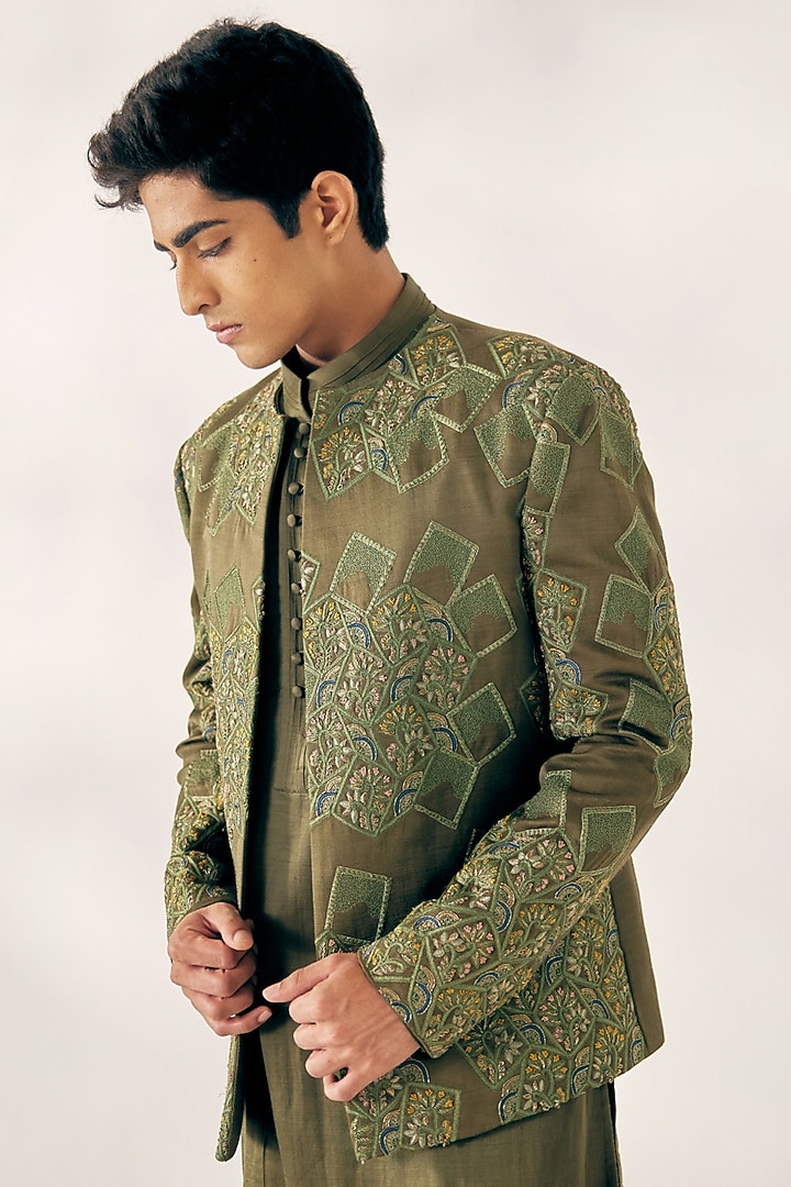 Olive Green Embroidered Indo-Western Set by Jatin Malik at Pernia's Pop Up Shop