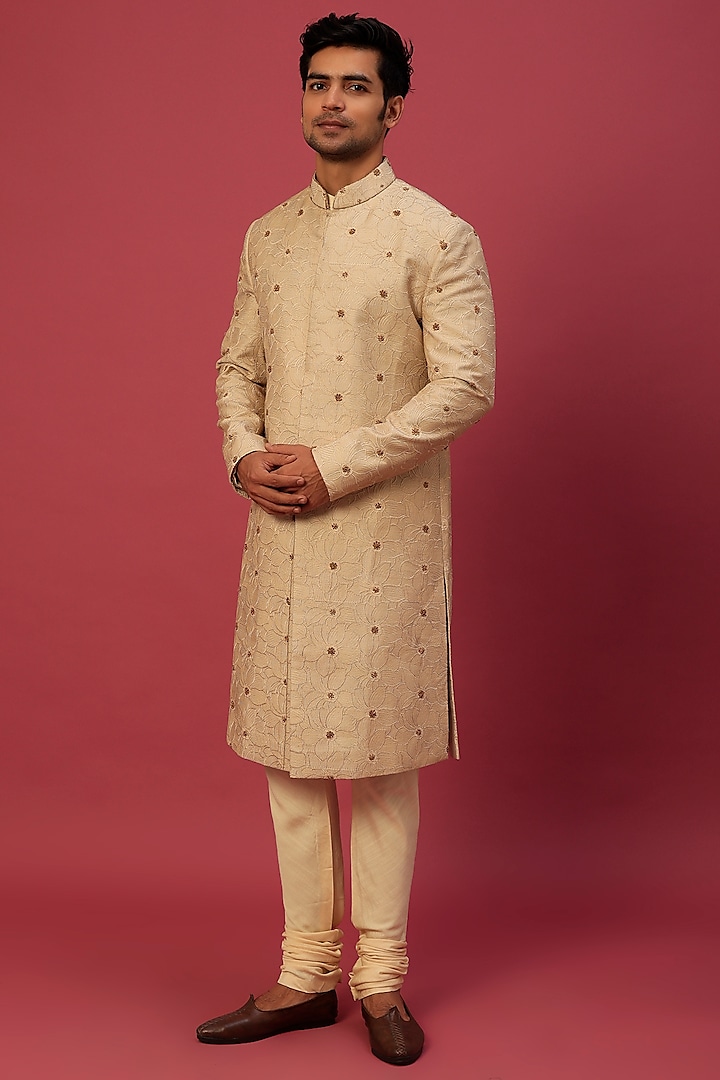 Beige Silk Textured Sherwani Set by Jatin Malik