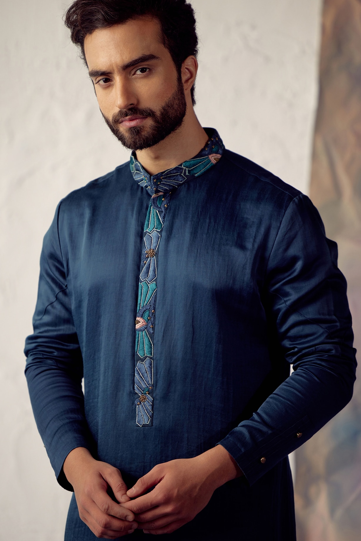Peacock Blue Linen Embroidered Indo Western Set by Jatin Malik