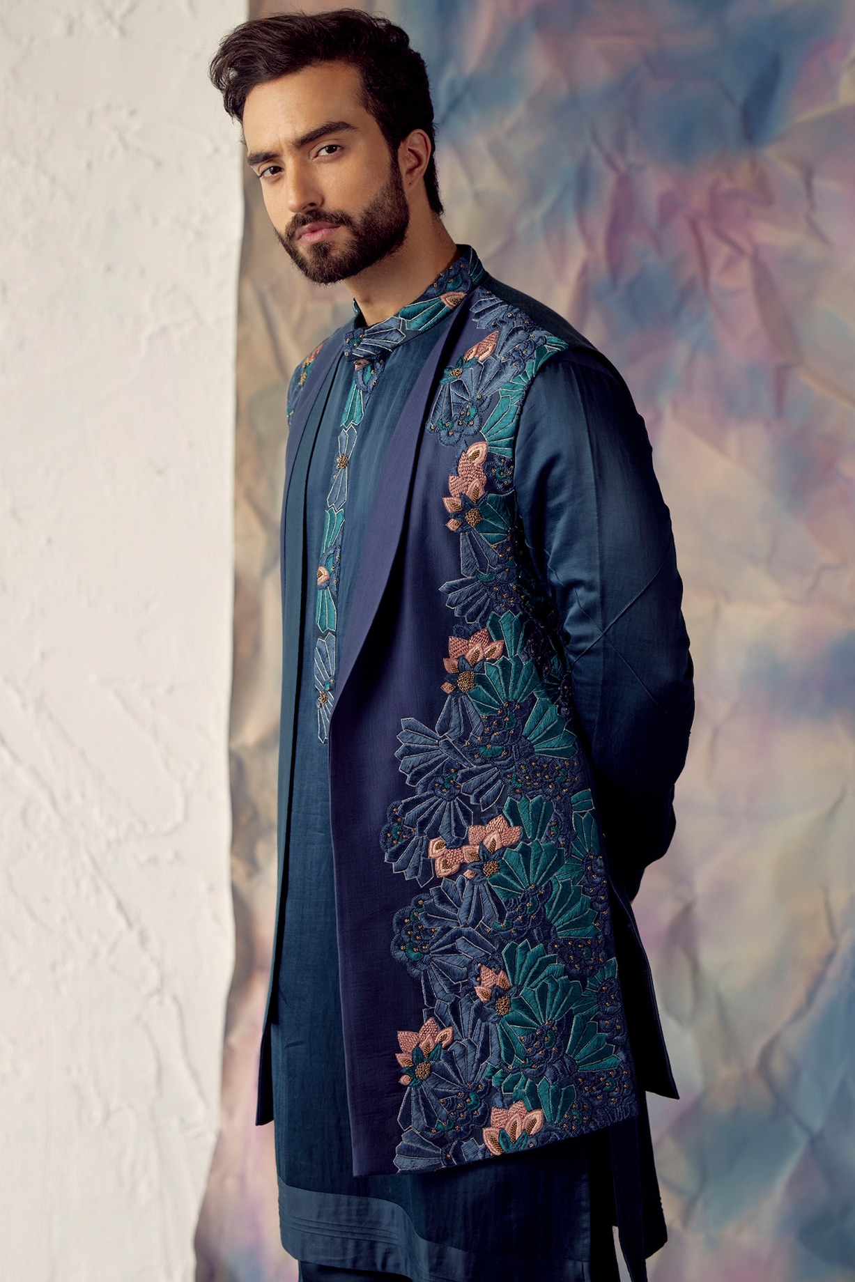 Peacock Blue Linen Embroidered Indo Western Set by Jatin Malik