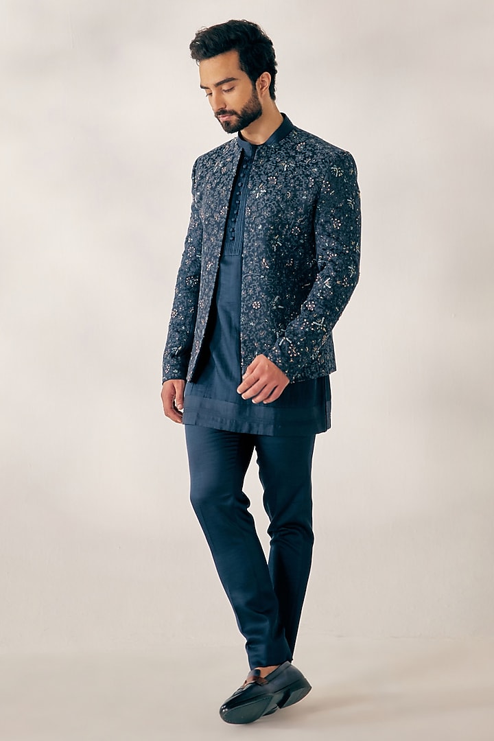 Space Blue Silk Embroidered Indowestern Jacket With Kurta Set by Jatin Malik