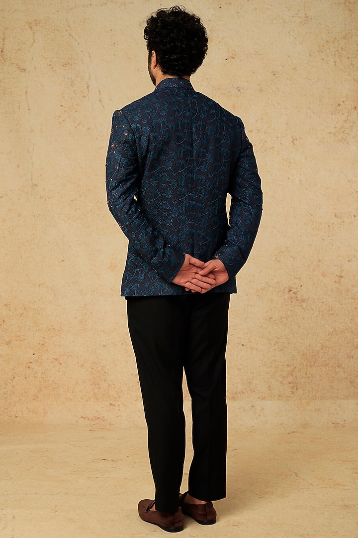 Midnight Blue Slub Silk Wedding Bandhgala Set by Jatin Malik at Pernia's Pop Up Shop
