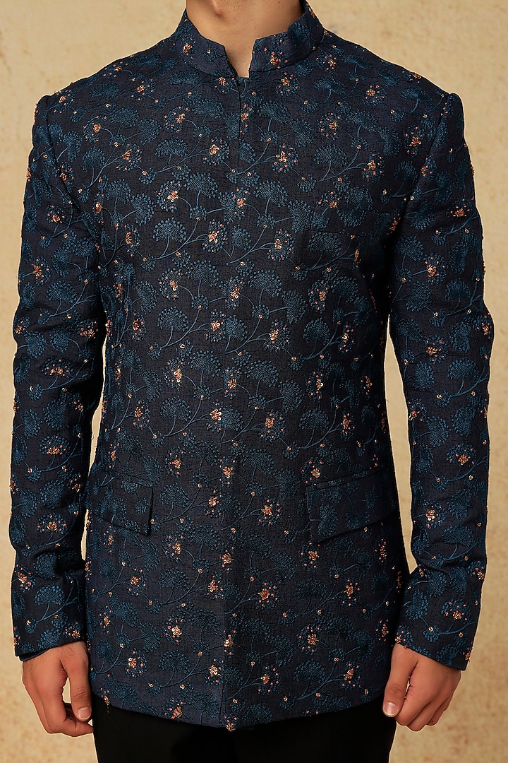 Midnight Blue Slub Silk Wedding Bandhgala Set by Jatin Malik at Pernia's Pop Up Shop