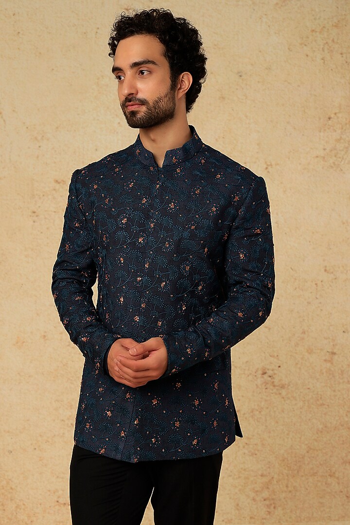 Midnight Blue Slub Silk Wedding Bandhgala Set by Jatin Malik at Pernia's Pop Up Shop