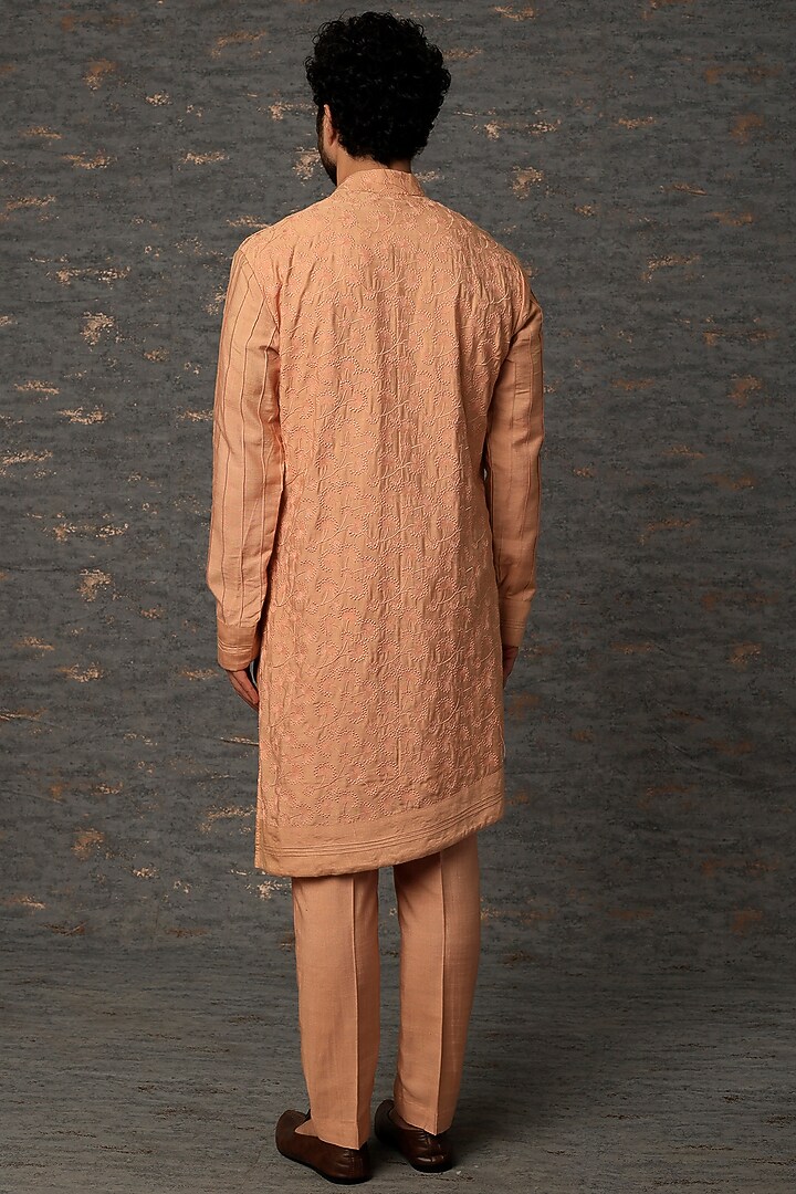 Peach Cotton & Silk Embroidered Kurta Set by Jatin Malik at Pernia's Pop Up Shop
