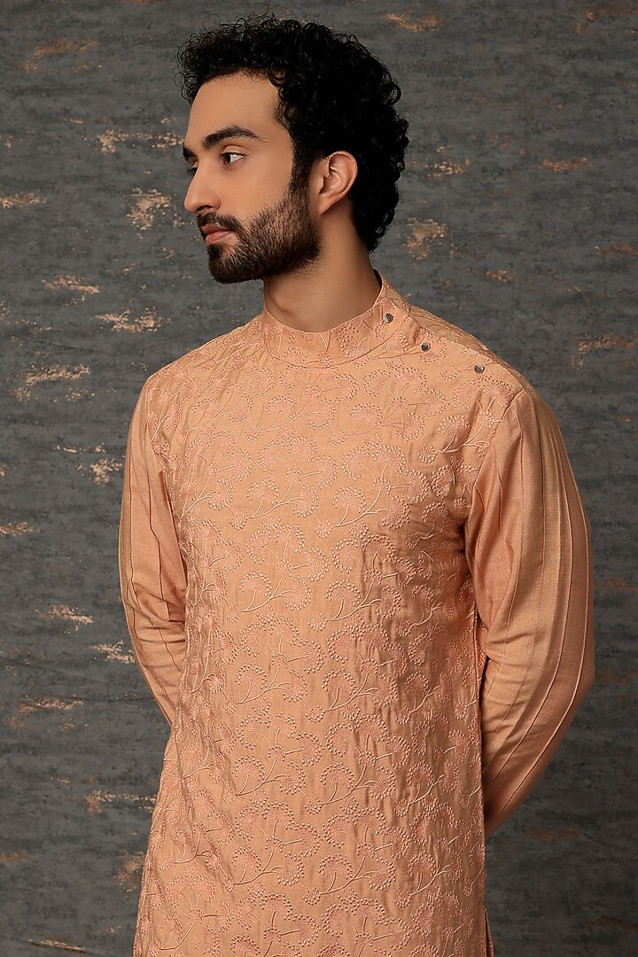 Peach Cotton & Silk Embroidered Kurta Set by Jatin Malik at Pernia's Pop Up Shop