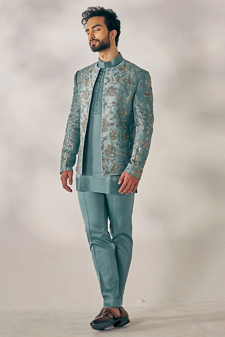 Chateau Grey Embroidered Indowestern Jacket With Kurta Set by Jatin Malik