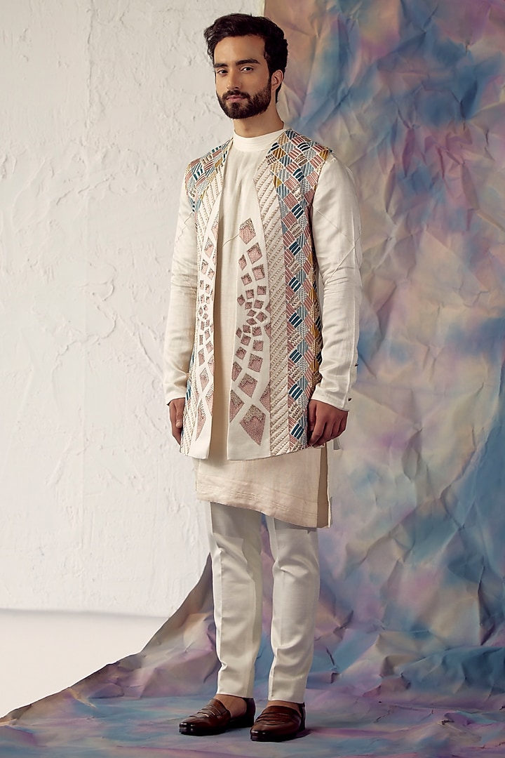 Ivory Embroidered Bundi Jacket With Kurta Set by Jatin Malik