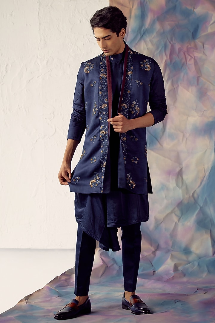 Space Blue Silk Embroidered Indo Western Set by Jatin Malik at Pernia's Pop Up Shop