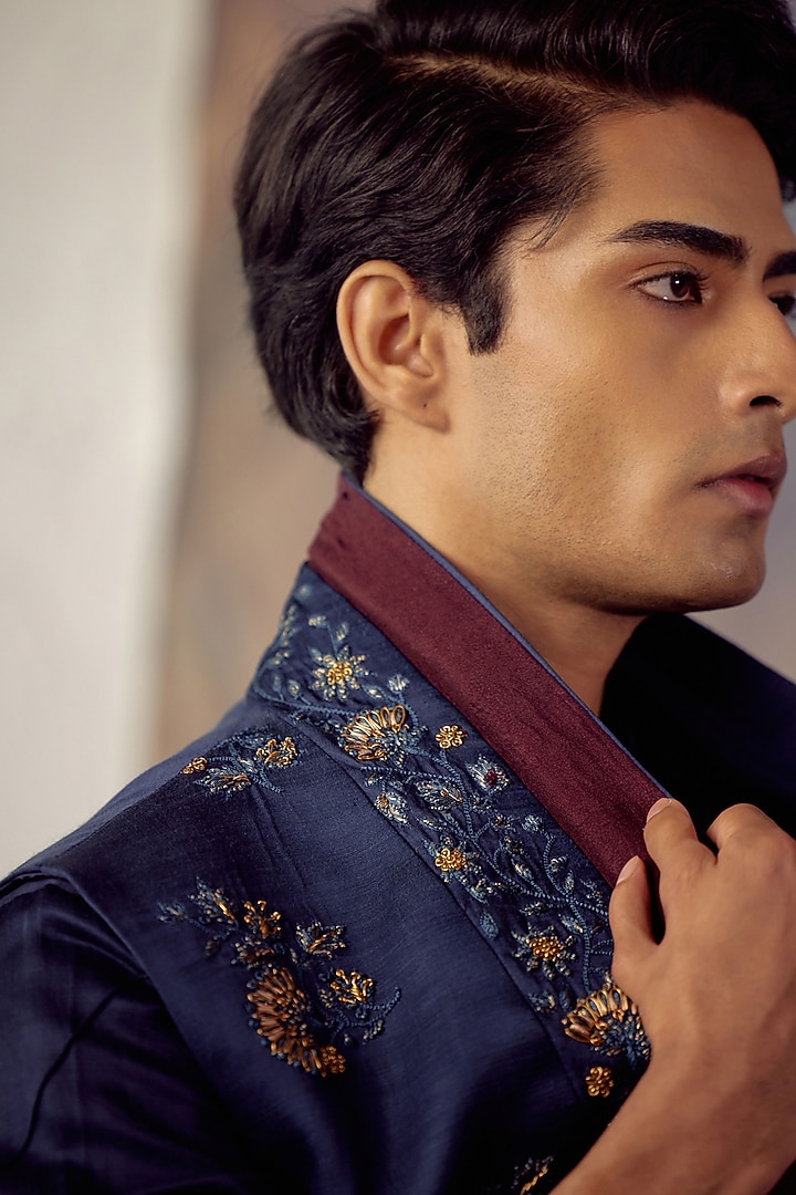 Space Blue Silk Embroidered Indo Western Set by Jatin Malik at Pernia's Pop Up Shop