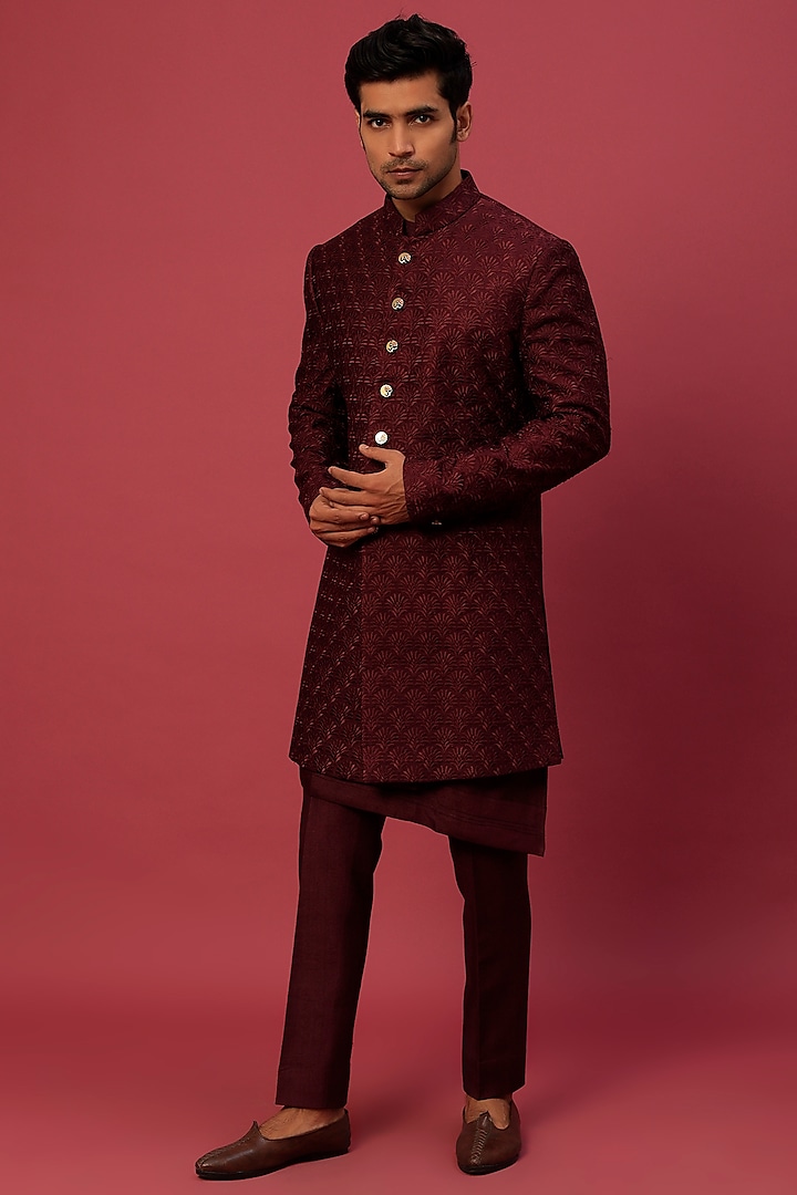Wine Silk Blend Achkan Jacket Set by Jatin Malik