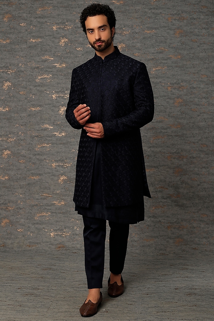 Midnight Blue Embroidered Achkan Jacket Set by Jatin Malik