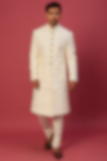 Ivory Silk Blend Embroidered Sherwani Set by Jatin Malik