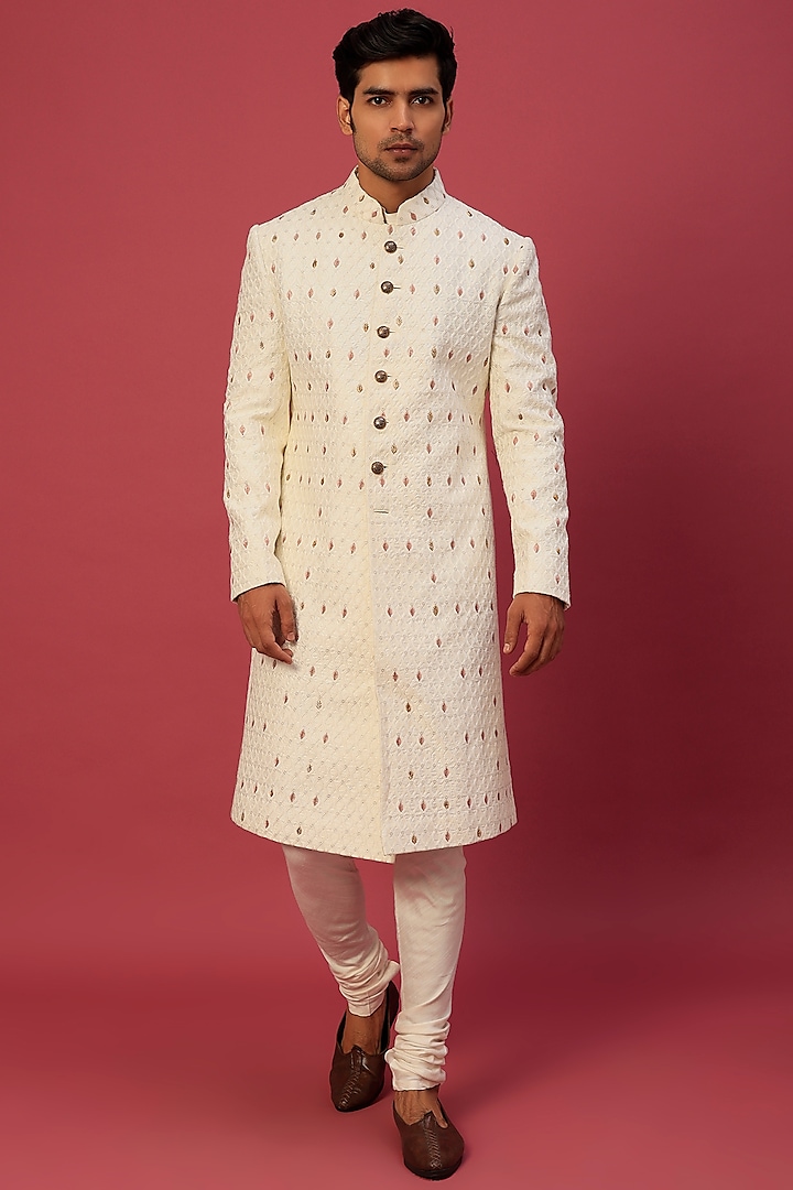 Ivory Silk Blend Embroidered Sherwani Set by Jatin Malik