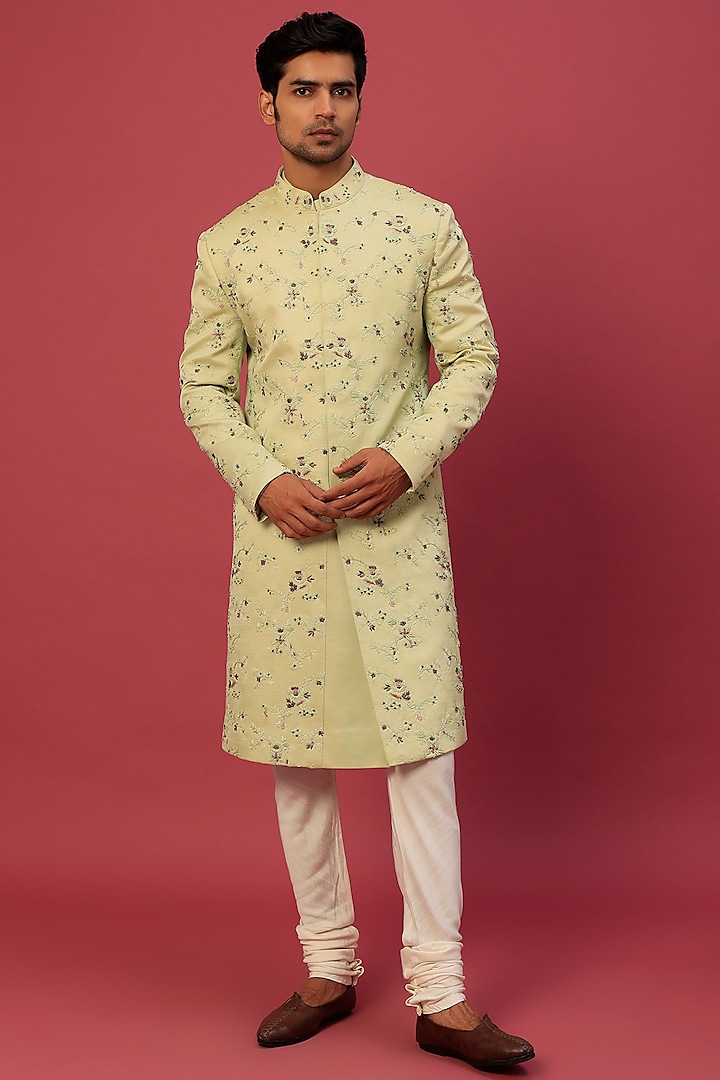 Green Linen Silk Hand Embroidered Sherwani Set by Jatin Malik