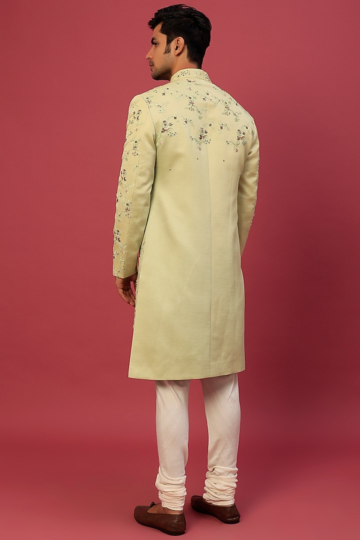 Green Linen Silk Hand Embroidered Groom Sherwani Set by Jatin Malik at Pernia's Pop Up Shop