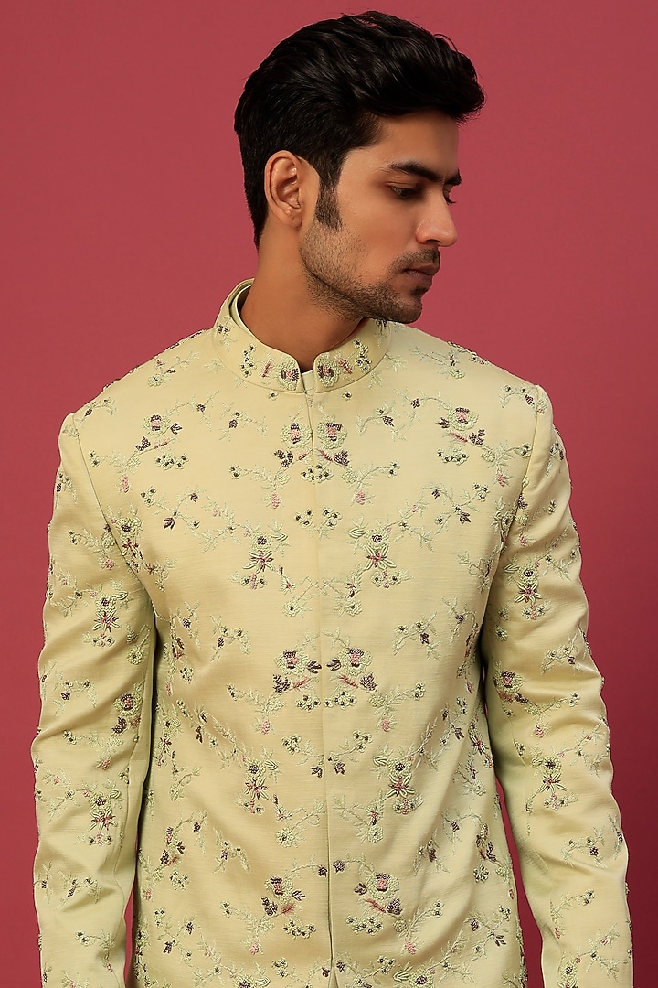 Green Linen Silk Hand Embroidered Groom Sherwani Set by Jatin Malik at Pernia's Pop Up Shop