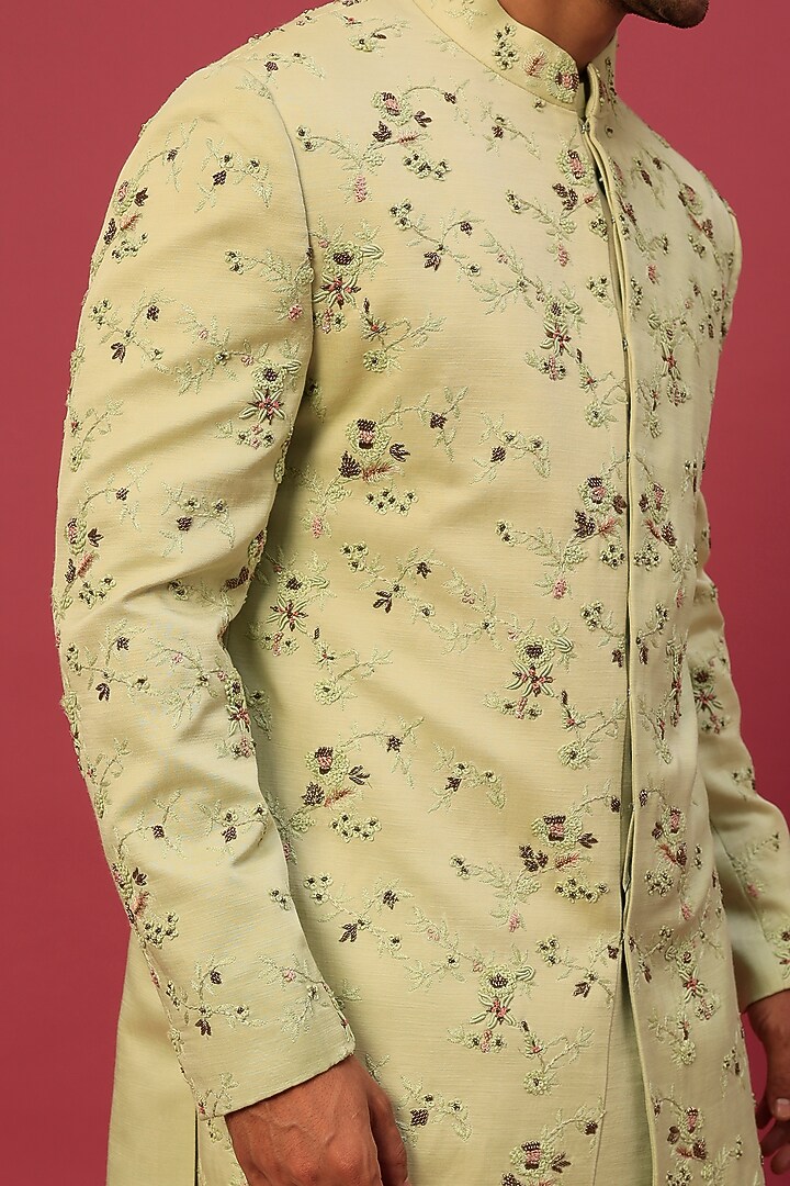 Green Linen Silk Hand Embroidered Groom Sherwani Set by Jatin Malik at Pernia's Pop Up Shop