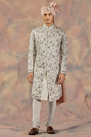 Silver Hand Embroidered Sherwani Set by Jatin Malik