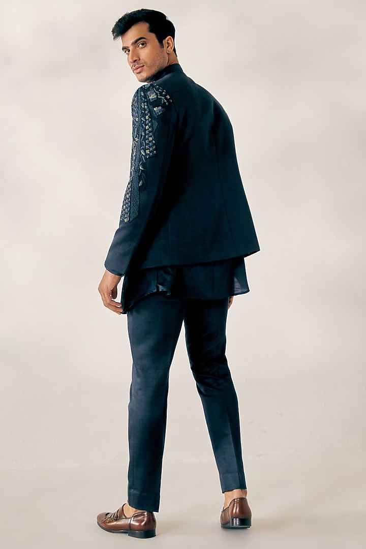 Teal Blue Embroidered Groom Indowestern Jacket With Marble Dye Kurta Set by Jatin Malik at Pernia's Pop Up Shop
