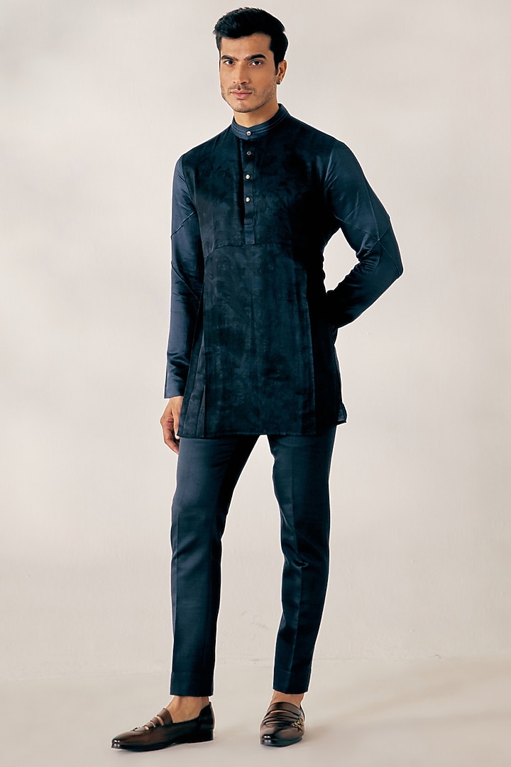 Teal Blue Embroidered Groom Indowestern Jacket With Marble Dye Kurta Set by Jatin Malik at Pernia's Pop Up Shop